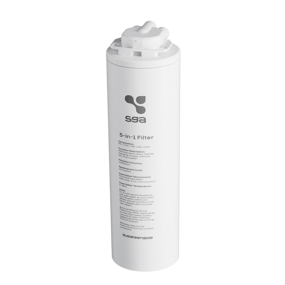 White cylindrical filter with SGA branding on a white background